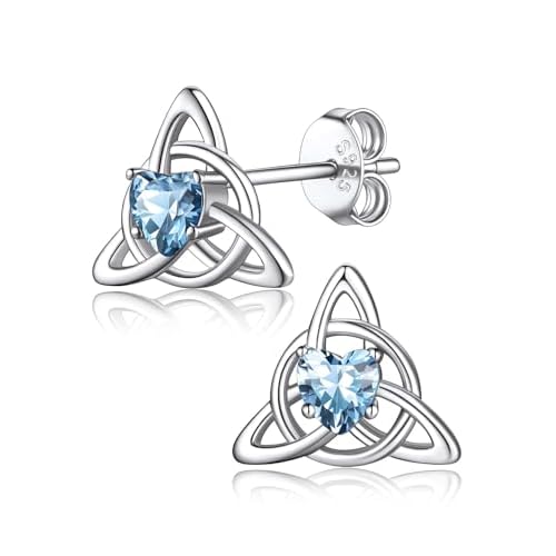 FaithHeart Sterling Silver Earrings for Women, Heart/Square/Celtic Knot Birthstone Stud Earrings Dainty Cubic Zirconia Hypoallergenic Jewelry with Gift Box 03. March-Trinity Celtic
