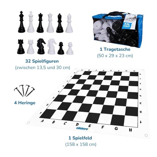alldoro 60080 XXL-Schach-Spiel 158 x 158 cm, riesiges Brettspiel mit 32 Schachfiguren & Tragetasche, Strategiespiel für Garten, Indoor & Outdoor
