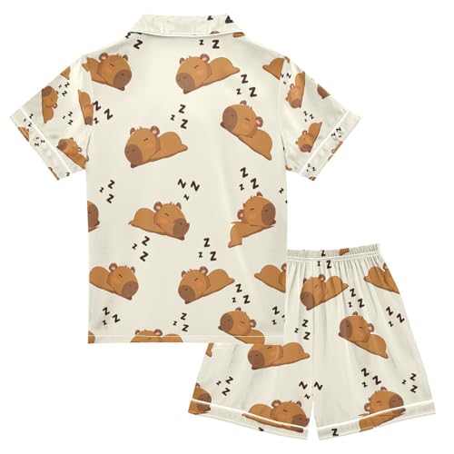 senya Sleep Funny Capybara A Satin Summer Pajama Sets Silk Short Sleeve Button Down Sleepwear2