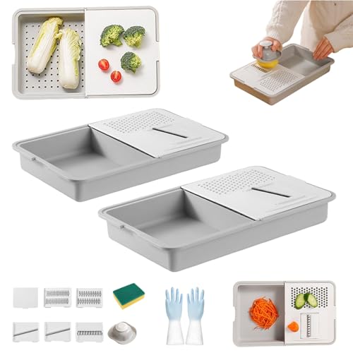 Planche à découper multifonction 6 en 1 (2025) avec couvercles et râpes, planche à découper amovible et égouttoir intégré, Antidérapante, protège les mains et facile à nettoyer (2PCS)