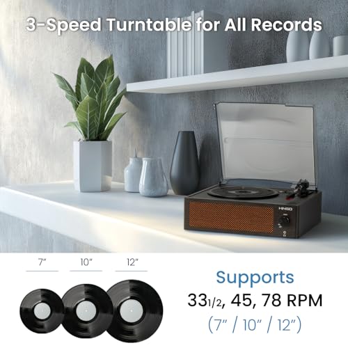 Image of HINISO Bluetooth Vinyl Record Player T516 with Bluetooth Input & Output | 3-Speed Turntable (33 /45 /78 RPM) | Built-in Speakers | RCA, AUX, Headphone Jack | Vintage Wooden Finish with Dust Cover