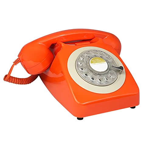 Teléfono fijo retro con disco giratorio color naranja miniatura 3