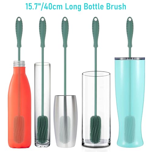 Image of 15.7 inch Silicone Bottle Brush, ddLUCK Water Bottle Cleaner Brush for Stanley, Hydroflasks, Glass, Thermos Sports Bottle, Vase and Glassware, Bottle Brush Cleaner for Small Narrow Neck Containers (Green)