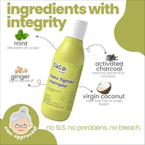 Image of TuCo Kids Anti-Dandruff Shampoo With Wintergreen, Mint & Activated Charcoal | For Itchy Scalp & Rough Hair | Paraben, SLS & Sulphate Free | Reduces dandruff from 1st wash | pH5.5, Vegan & Tear Free | Ages 2-5, 4-10, 10-15 Years | 200ml
