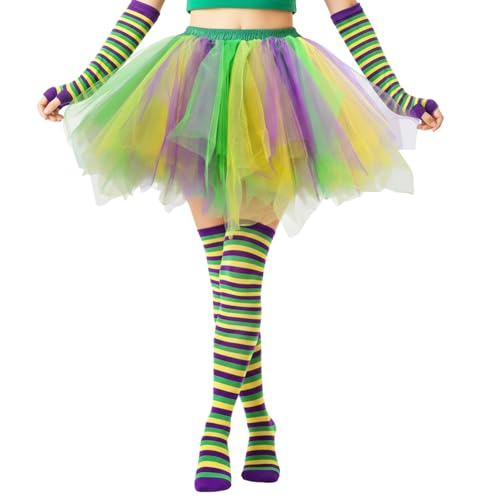 Popuid Fluffy Tulle Tutu Skirt Costume Satin Lined Skirts with Striped Socks for Mardi Gras Run Spirit Week (Purple/Green/Yellown)