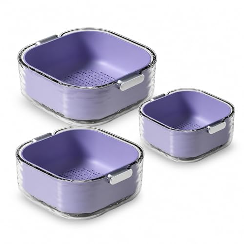 Image of 3-in-1 Vegetable Washing Basket with Drain Tray Set of 3 | Kitchen Strainer & Colander Bowl | Wash, Drain & Store Fruits, Pasta & Veggies | BPA-Free Durable Plastic (Purple)