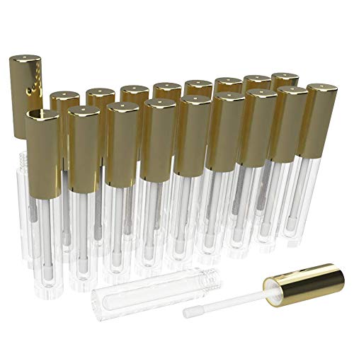 20 Pack of 3ml Empty Lip Gloss Containers | Clear Body & Gold Lid | Brush Tip Applicator Wand for DIY Cosmetics Reusable and Refillable | Filling Tool Included