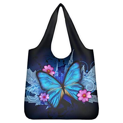 Pizding Shopping Storage Tote Bags Reusable Grocery Bags with Pouch Unique Gift Bags Washable Rip Stop Fabric Durable Light Weight Blue Vintage Butterfly Maple Leaf Flowers Design Cover