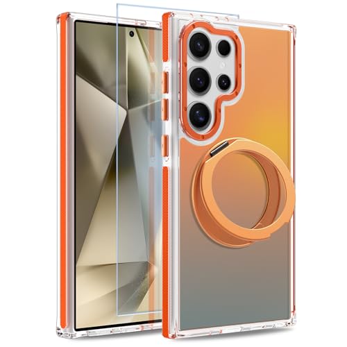 Image of Magnetic for Samsung Galaxy S24 Ultra Case with 360 Stand [Compatible with Magsafe] [Fluorescent Design] [1 Screen Protector] Slim Translucent Matte Case for Galaxy S24 Ultra 6.8 inch, Orange