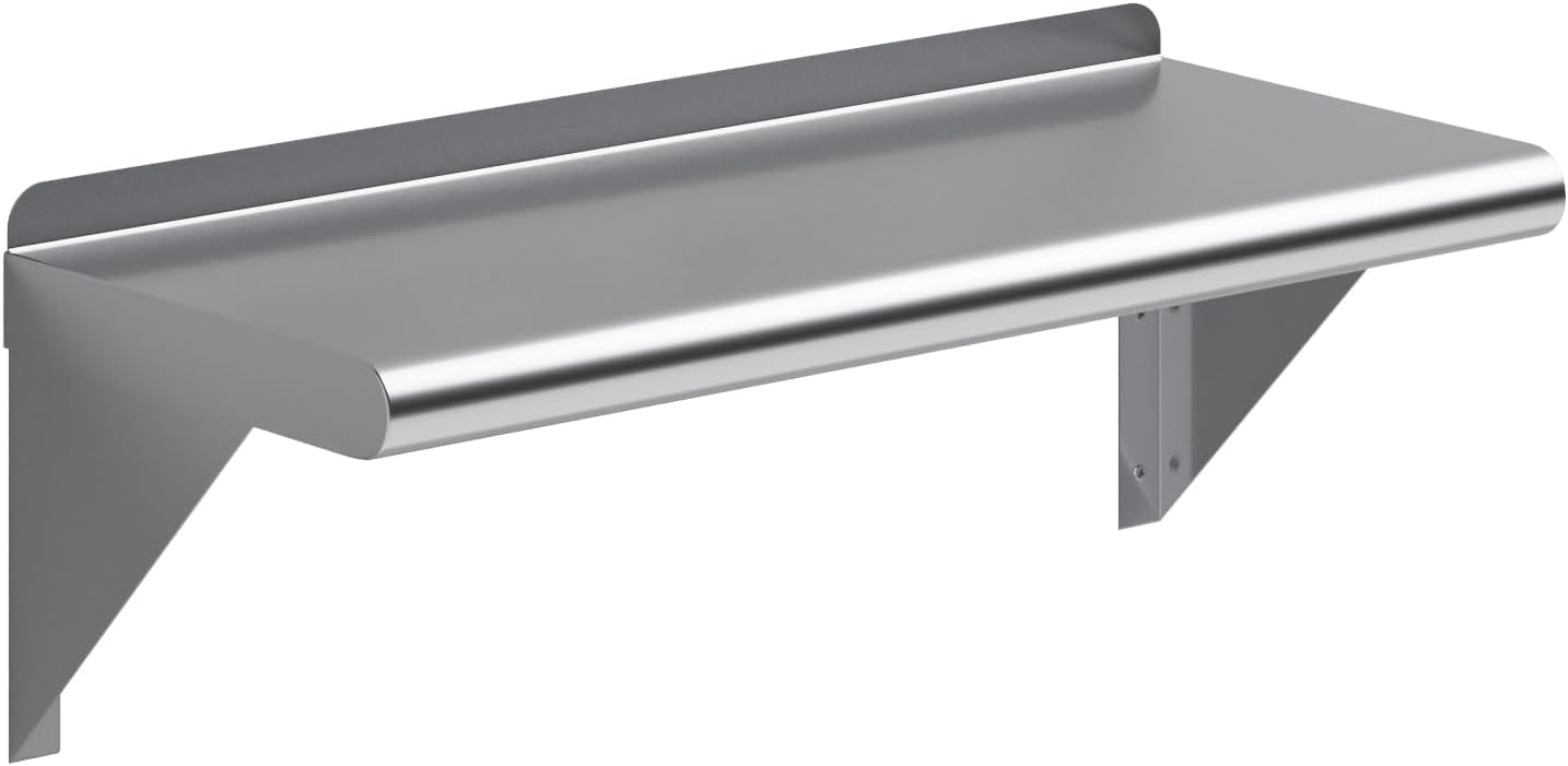NSF Certified 18 Gauge Heavy Duty Stainless Steel Wall Shelf with Brackets for Kitchens, Utility Rooms, Storage, Offices & Home (24"x10")
