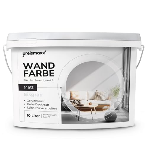 Preismaxx Profiweiß Wandfarbe grau 10L, hohe Deckkraft, Dispersionsfarbe innen, Innenwandfarbe Raumfarbe eisgrau deckend, Deckkraftklasse 2, matt Innenfarbe Profi Qualität