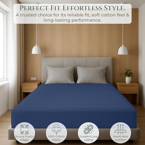 Image of Royale Linens 100% Organic Cotton King Fitted Sheet Only - Percale Weave - Super Soft Deep Pocket Bottom Sheets - Navy Elastic Sheet - King Size Fitted Sheets Only - (78 inchx80 inch+15 inch, Navy)