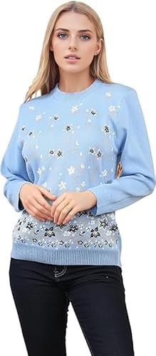 Image of L S U Women's Floral Pattern Long Sleeve Sweater Soft Knit Crew Neck Jumper Pull Over Tops (UK, Alpha, S, M, Regular, Regular, Sky Blue)