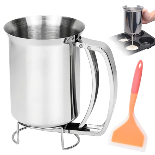 Teigportionierer Edelstahl Teigportionierer mit Quetschgriff Pancake Portionierer Teigdosierer Pfannkuchen Groß für Pfannkuchen Muffins und Kekse mit Pfannkuchenspatel 900ml