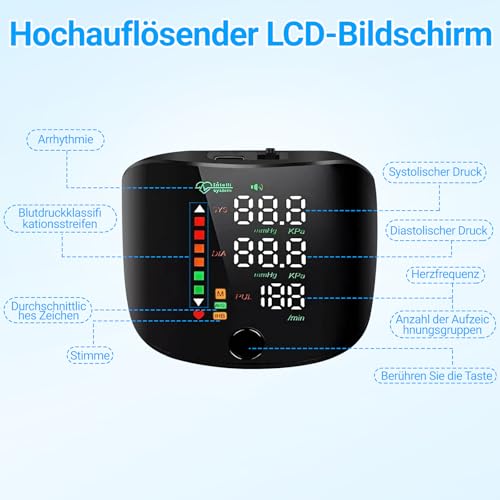 Blutdruckmessgerät Handgelenk, Wiederaufladbares Blutdruckmessgerät mit Großem LCD Display, Präzises Blutdruckmessgeräte für Zuhause, Speicherfunktion für Erwachsene und Senioren