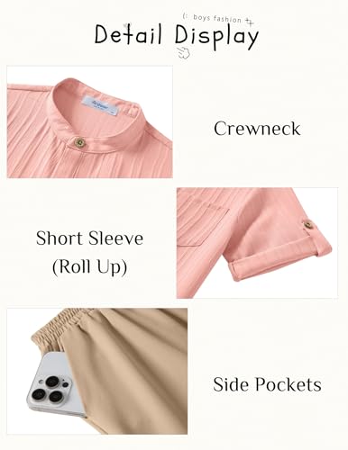 Image of Arshiner Boy's 2 Piece Beach Outfit Short Sleeve Textured Button Down Shirt and Short Sets Summer Vacation Wear 4-12 Years