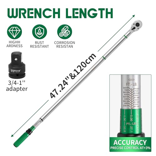Image of 3 /4-Inch Drive Click Torque Wrench, Dual-Direction Click Professional Torque Wrench 160-840FT.LB /135-815N.M, Dual Range Scales Graduated in FT.LB and N.M