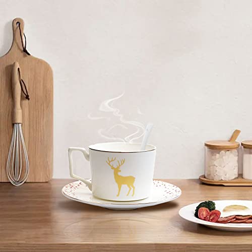 Christmas Moose Cappuccino Cups Set, Bone China 8Oz Tea Cups And Saucers With Spoon, Gift Box Tote Bag, For Latte Mocha And Tea Coffee Lover, Christmas Gecorations Parties Gift (Color : Red) #TOP5