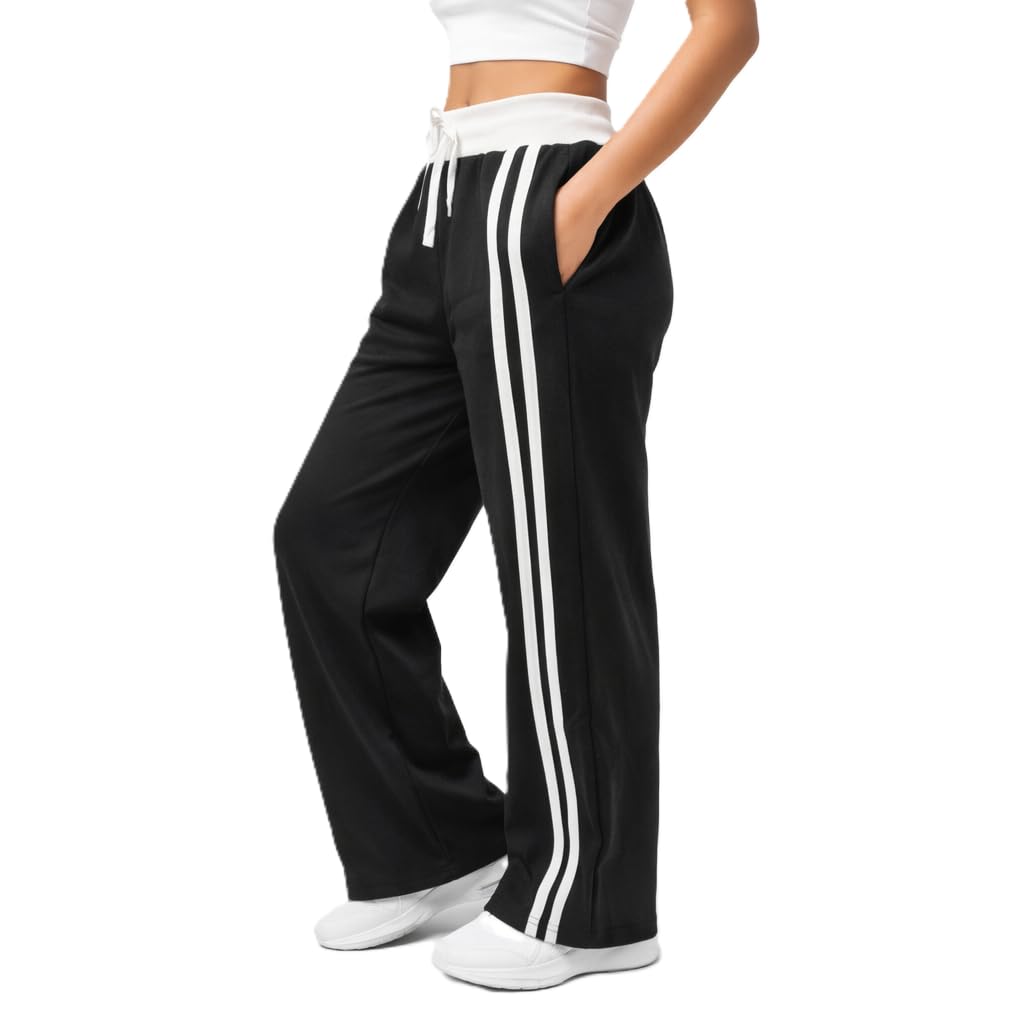 reoutlook- the fashion connect Women's Wide Leg High Waisted Striped Baggy Lounge Sweat Pants Drawstring Athletic Flared Joggers Trackpants with Pockets Black-picture-30