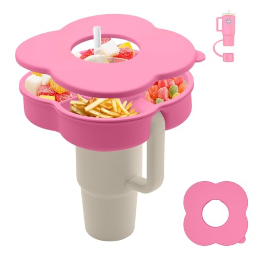 Zonyee Snack Bowl with Lid for Stanley 40oz Tumbler with Handle Silicone Reusable Snack Tray Snack Ring for Stanley Cup Accessories Peony