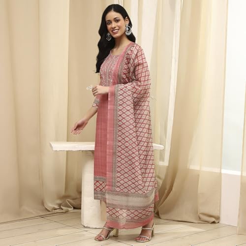 Image of BIBA Women Beige Cotton Machine Embroidered Unstitched Suit Set