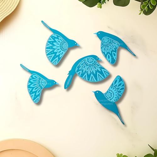 Image of DAKSHESTRY ARTWORKS Wooden 3D 5 Pieces Birds for Wall Art Panel | Wood Bird Folk Art Wall Hanging Art Decoration Item for Living Room, Bedroom, Drawing Room, Dining Room & Office (Red) Pack of 1