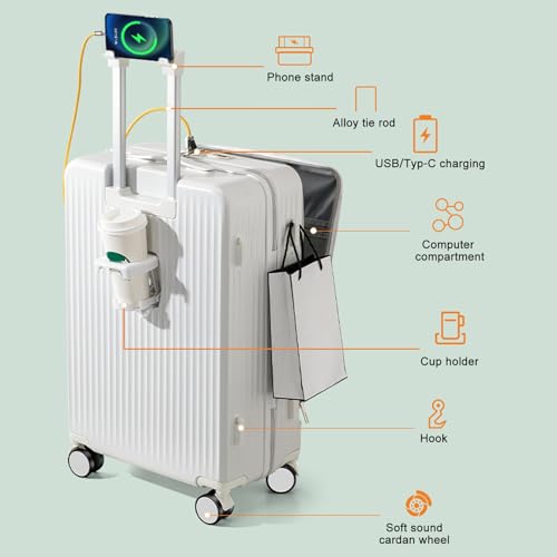 24 IN Luggage Suitcase Top Opening Aluminum Frame Tsa Luggage Hard Shell Suitcases with Wheels for Travel Woman Men, with Cup Holder & USB Type-C Charging Port & Phone Stand 24Inch2