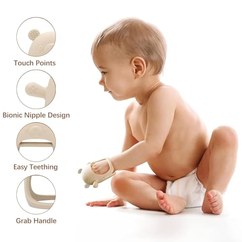 Image of PandaEar Silicone Baby Teething Toys| Baby Hand Teether Mitten for Sucking Needs| Chew Toys Hand Pacifier for Soothing Teething Pain Relief (Groundhog Beige)
