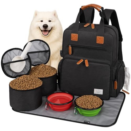Modoker Hunde-Reisetasche, von Fluggesellschaften zugelassener Rucksack für Haustierzubehör Organizer, Tote Wochenendtasche mit 2 Hundefutter-Aufbewahrungsbehältern, 1 Haustiermatte, Schwarz