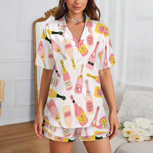 Image of Cartoon Champagne Bottle Women Pajama Set Short Sleeve Comfy Pjs Sets 2 Piece Lounge Set