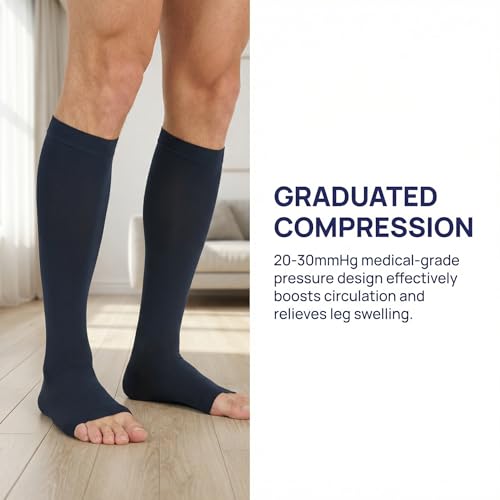 Image of MGANG Knee High Compression Socks 20-30mmHg for Varicose Veins, Open Toe | Graduated Compression, Circulation, DVT, Swelling, Nurses, Pregnancy, Standing, Office, Flight, Travel, Running, Recovery