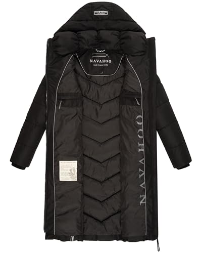 Navahoo Damen Wintermantel Warmer Langer Steppmantel mit Abnehmbarer Kapuze Sahnekatzii XIV Black Gr. M