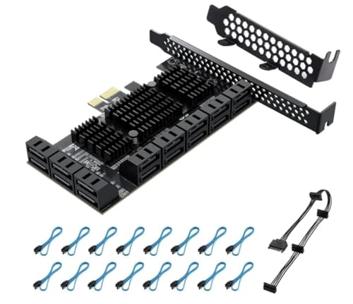 YBBOTT Tarjeta PCI Express a 16 Puertos1X Controlador SATA 3.0 6 Gbit/s Tarjeta de Expansión PCIe No Raid Soporta HDDS con Soporte de Bajo Perfil y 16 Cables Chips JMB575 + ASM1064