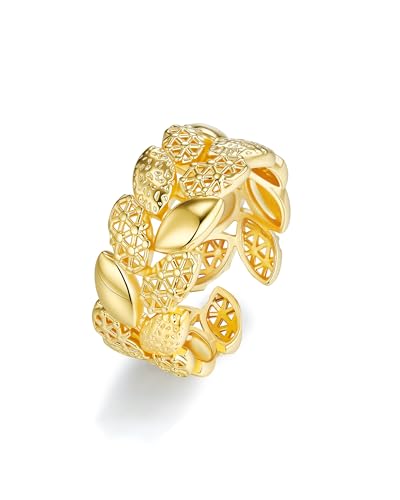 Gold Chunky Floral FULLY ADJUSTABLE Open Statement Ring for Women by SNGIA, Summer Beach Handmade Adjustable Cluster Flower Band Ring, Minimalist Stackable Wedding Date Birthday Gift, Bold Exaggerated Irregular Wavy Trendy Ribbed Jewelry, Textured Patterned Fashion Accessories, Vintage Hammered CursiveThick Circular Nickle Free Gifts.