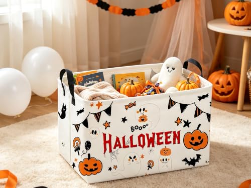 Image of Sanjiaofeng Rectangular Halloween Ghost Storage Basket,Halloween Basket.Cute Baskets for Room Decor, Pumpkin Baskets with Handles.Books Bins,Gifts Box(White Ghost)