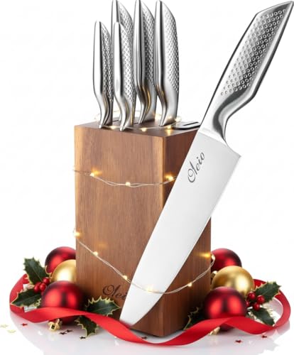 Oleio Maestro Messerset mit Messerblock – 6 teilig – Edelstahl Küchenmesser Set mit Block & integriertem Messerschärfer – Scharfes...