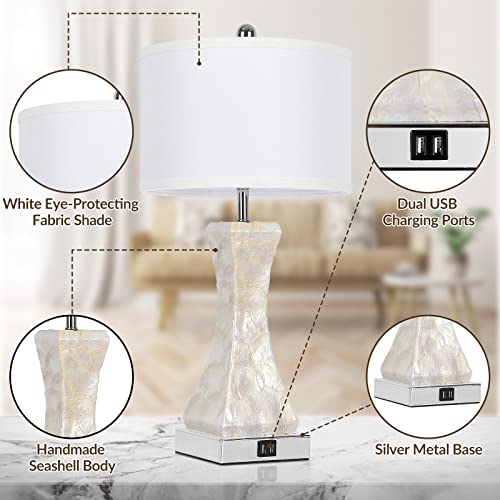 Set Of 2 Touch Control Table Lamps With Dual Usb Ports, 23-Inch Tall 3-Way Dimmable Bedrooms Lamps For Nightstand Living Room, Capiz Shell Coastal Bedside Lamps, 5000K Daylight White Led Bulb Included #TOP3