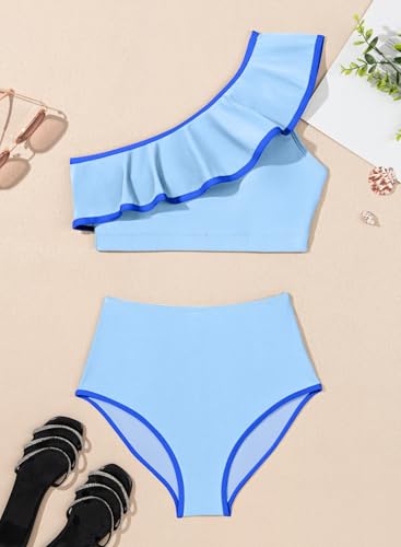 Herseas Women\'s One Shoulder Bikini Sets Trimmed Ruffle Hem Stretchy Swimsuits Sporty Full Lined Bathing Suits Blue Resort Wear Medium - Thumbnail 5