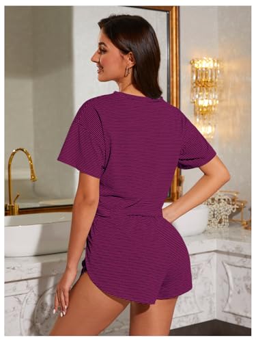 Image of OYOANGLE Womens Pajama Sets 2 Piece Sexy Lounge Sets Summer Cute Pjs Striped Print Tee and Side Split Shorts Set