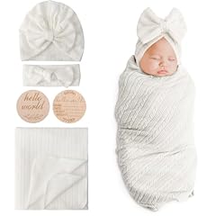 1 Set: Birth Announcement Card + Hat + Hairband + Blanket (White)