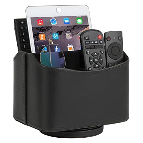 HofferRuffer Remote Control Holder PU Leather Rotating Holder with 5 Containers, Compartments for TV Guide/Mail/Organiser, 18.7 x 14 x 15 cm, Black Cover