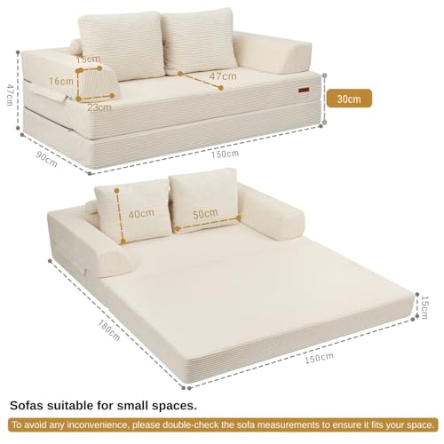 Sofá cama convertible de dos plazas cómodo sofá plegable de pana beige con almohadas 3