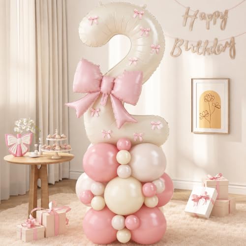 Image of 40 Inch Pink Beige Number 2 Balloon Tower with Bow 2nd Birthday Decorations