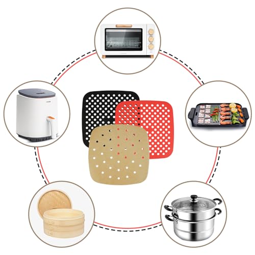 100 Piezas Papel Air Fryer,Papel Horno Freidora Aire Papel Air Fryer Cuadrado Papeles Airfrier Moldes, 2 Piezas Alfombrilla Silicona Freidora Aire(21,5 cm) - imagen 5