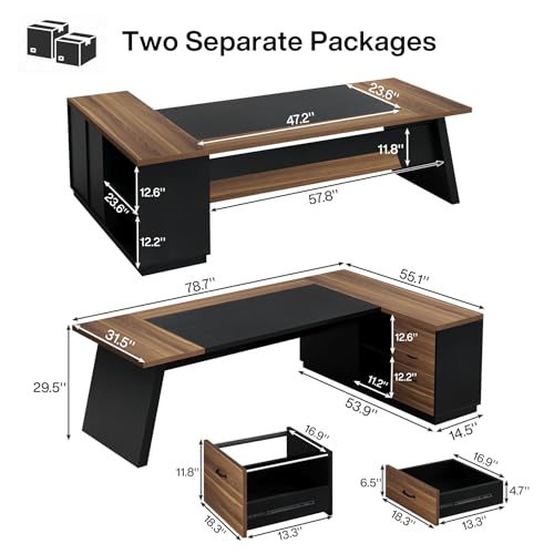 Image of Tribesigns 78 inch L-Shaped Executive Desk, Extra Large Modern Office Desk with Drawers and File Cabinet, Business Furniture with Storage Shelves, Big Computer Desk for Home Office (Light Walnut + Black)