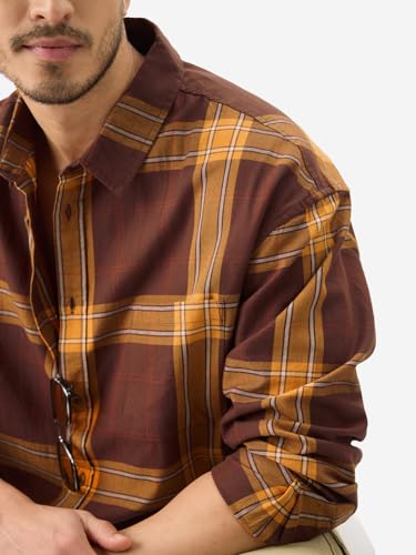 Image of The Souled Store Plaid: Sirocco Men and Boys Collared Neck Long Sleeve Cotton Button Down Relaxed Shirts Brown Shirts Casual Button-Down Full Sleeve Plaid Checks Casual Workwear Fashionable Stylish