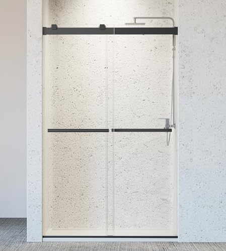 Image of 46-48 inch W x 76 inch H Soft-Close Frameless Double Sliding Shower Door, Bathroom Shower Glass Doors with 5 /16 inch (8mm) SGCC Tempered Glass and Stainless Steel Handle, Easy to Install, Matte Black