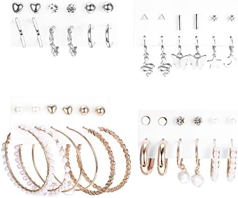 JeryWe 24 Pairs Assorted Fashion Earrings Set for Women Teens Multiple Stud Earrings Crystal CZ Faux Pearl Ball Bar Stud Earrings Silver Gold Dainty Hoop Drop Dangle Earrings Multipack for Gift