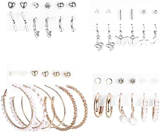 JeryWe 24 Pairs Assorted Fashion Earrings Set for Women Teens Multiple Stud Earrings Crystal CZ Faux Pearl Ball Bar Stud Earrings Silver Gold Dainty Hoop Drop Dangle Earrings Multipack for Gift