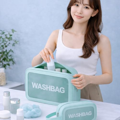 Image of Wazdorf Cosmetic Pouch Bag - Large Waterproof Wash Bag with Handle, Translucent Cosmetic Organizer for Makeup, Brushes & Accessories - Unisex Storage Pouch for Travel & Bathroom Use (Green -3 Pcs)